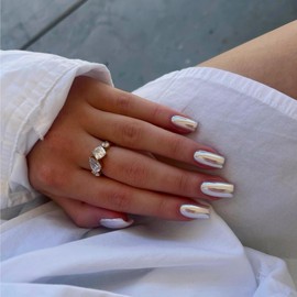 White Sliver Chrome Square Press on Nails Short Medium,KQueenest Mirror Metal Plating False Acrylic Nails Press Ons,Metallic Fake Nails,Natural Glue on Nails Medium,Glossy Stick on Nails for Women