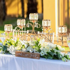 Kolnlala Large Elegant 5 Arms Crystal Bowl Tealight Candle Holder/Candelabra Crystal Votive, 5-arms Crystal Candlestick Holder for Table Centerpiece Wedding/Party Home Decor(Gold, 5-Arm)
