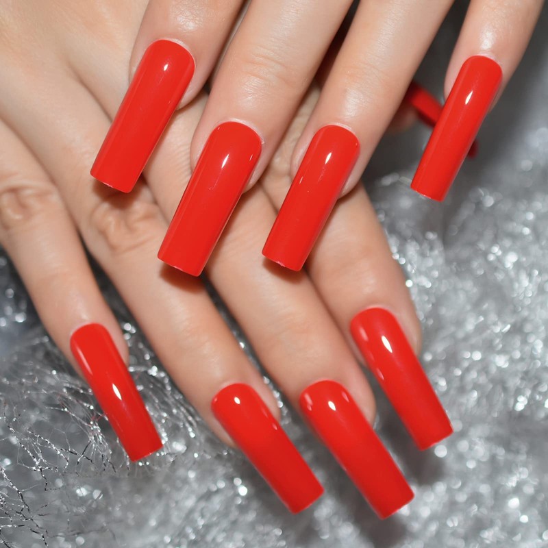 Bright Red Solid Color Press On Nails Extra Long Square
