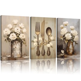 Doqueodas 3 pcs Vintage Floral Kitchen Canvas Framed Wall Art 12x16 inch