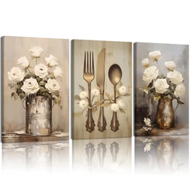 Doqueodas 3 pcs Vintage Floral Kitchen Canvas Framed Wall Art 12x16 inch