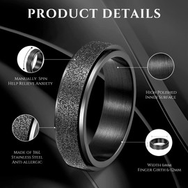 Lian Fidget Ring for Women Men Stainless Steel Fidget Spinner Rings 6mm Black Anxiety Rings Cool Couple Rings Stress Relieving ring for Anxiety Sand Blasted Finished 6