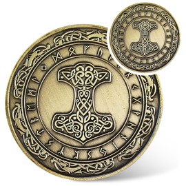 IELCJJ Viking Thor Hammer Coin - Viking Runes Mjolnir Coin - Norse Mythology Protective Talisman Amulet - Viking Gifts for Men Women