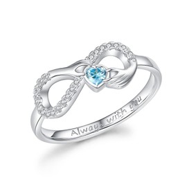 WIOY Sterling Silver Infinity Ring - Women Promise Rings for Her, Heart Blue Created Aquamarine, Size 5