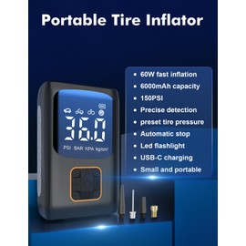 Newfun Car Tyre Inflator Air Compressor Cordless - 6000mAh Wireless Portable Air Pump for Cars, Bikes, Motorbikes, and Footballs - High Power 60W with Large LED Display, 150 PSI, Rapid Inflation