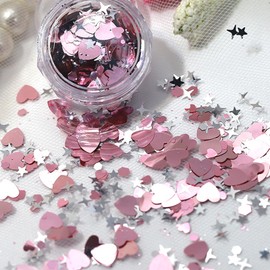 Valentine's Day Love Heart Nail Sequins Holographic Romantic Pink Heart Nail Flakes Design Nail Charms 3D Heart Star Nail Art Glitters Sequins for Women Manicure Makeup DIY Nail Decorations 2 Boxes