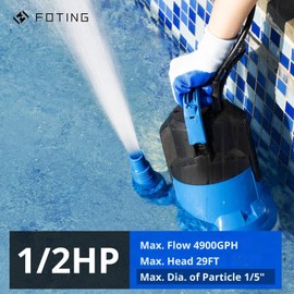 FOTING Sump Pump, High Flow Clean&Dirty Submersible Water Pump, Thermoplastic Electric Portable Utility Pump for Pool Draining Hot Tub Garden Basement, 1/2HP 4900GPH with Float Switch