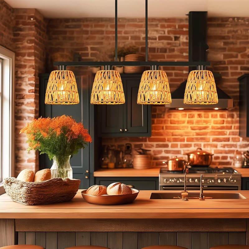 Black 4-Light Kitchen Island Lighting, Boho Rattan Dining Room Light
