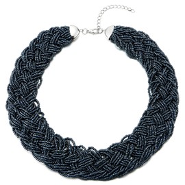 COOLSTEELANDBEYOND Braided Pearl Statement Necklace, Large Choker Necklace, Dark Blue Beads, Woven Bib Choker, Synthetic glass bead, No Gemstone
