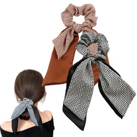 shefun Ribbon Scrunchie Silk Hair Rubber Adult Set of 2 Stylish Hair Elastic Ribbon Hair Accessory Women's Ribbon Scrunchie Hair Ornament JP224 (color6-grid)