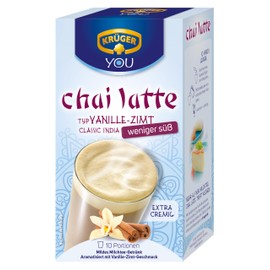 KRÜGER YOU chai latte Vanille-Zimt weniger süß, Instantzubereitung für Teegetränke, aromatisiert mit Vanille-Zimt-Geschmack mit weniger Zucker, 140 g (10 x 14 g Sachets)