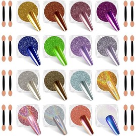 SIUSIO 16 Jars Chrome Nail Powder Nail Art Glitter Decoration Metallic Mirror Effect Holographic Aurora Chameleon Pigment Powder Kit 0.35g/Jar Pearl for Resin Craft & Nail Art