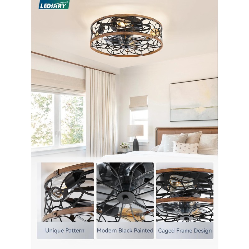 LEDIARY Caged Ceiling Fans with Lights, Farmhouse Flush Mount Ceiling