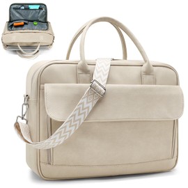 SUCIKORIO Teacher Tote Bag for Women 17inch PU Leather Laptop Briefcase Nurse Bags Professional Work Computer Bags Large Messenger Office Bag For Nursing, School, College, Almond