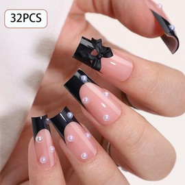 WAFOLOZE Black French Tip Press On Nails - Long Press On Nails Square Fake Nails with Black Bow and Small Pearls, Artificial Nails 16 Sizes - 32Pcs False Nails Tips Kit, Stick On Nails for Women