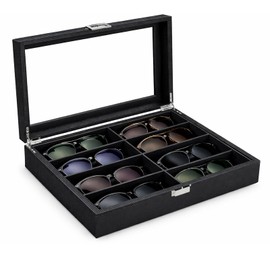 BEWISHOME Glasses Organizer for Men, Sunglasses Organizer, 8-Slot Sunglasses Storage Case with Large Clear Glass Lid, PU Leather Lined Eyewear Display Box