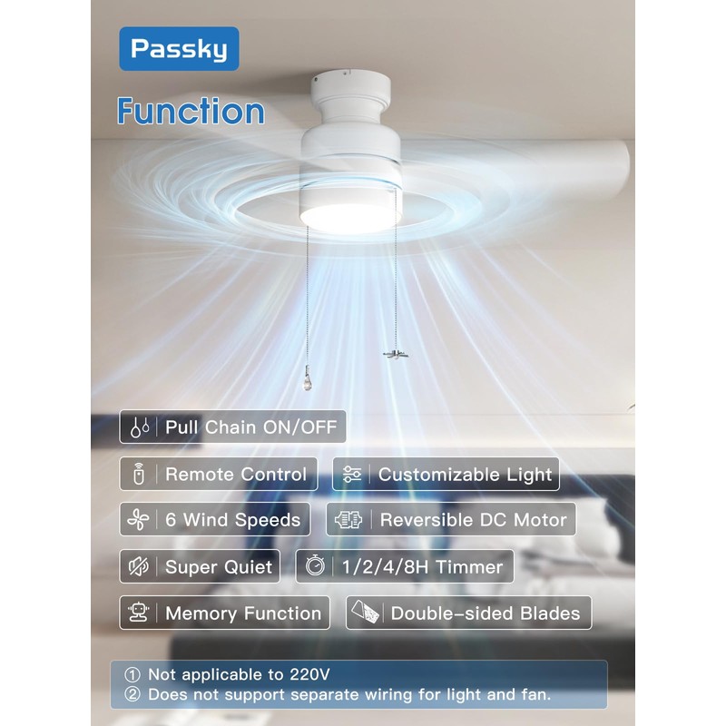 Passky Ceiling Fans with Lights, 42 inch Low Profile Ceiling