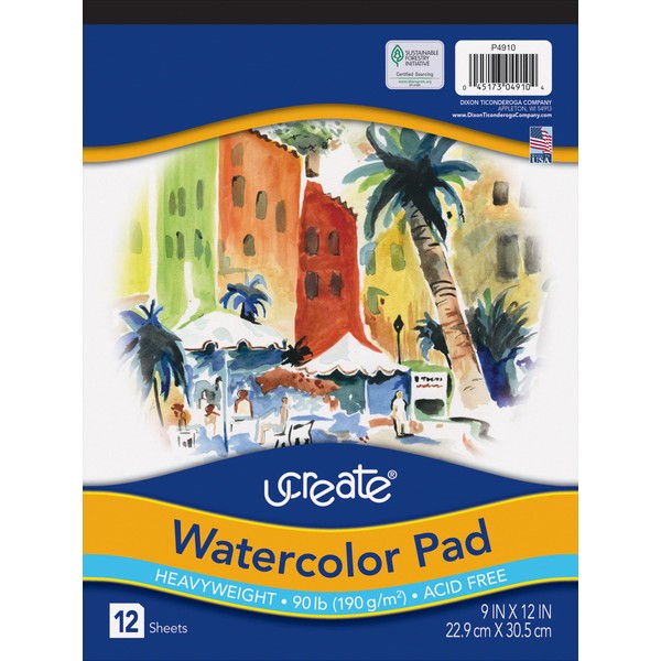 PACON Watercolor Pad, 90 lb., 9" x 12", 12 Sheets, White
