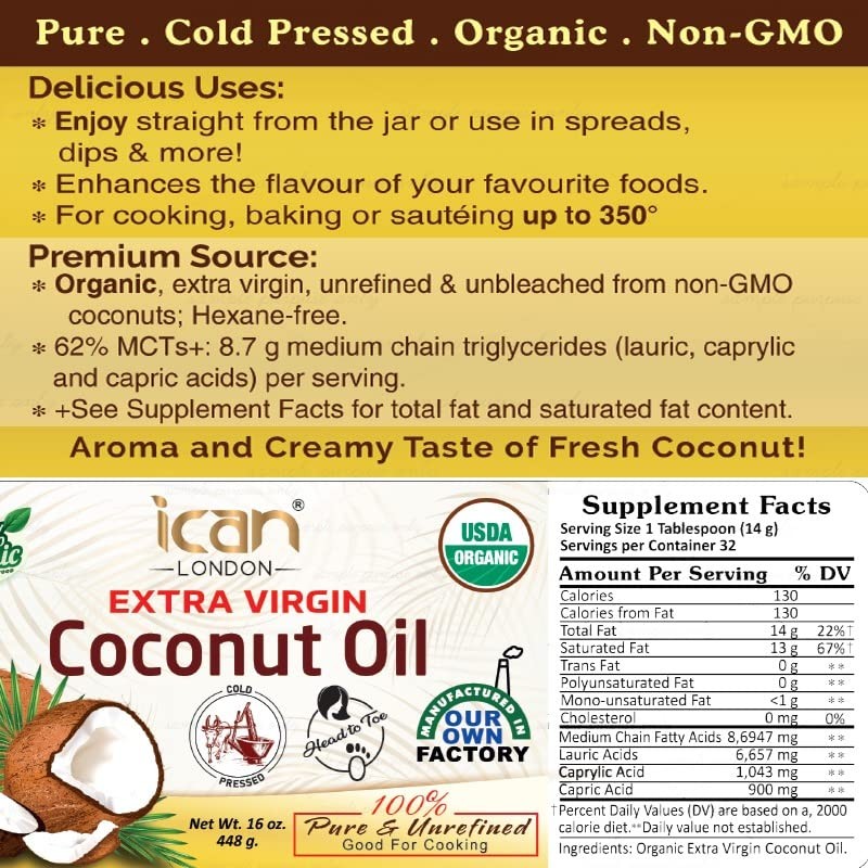 ICAN LONDON 100% NATURAL PURE & UNREFINED COCONUT OIL 16oz