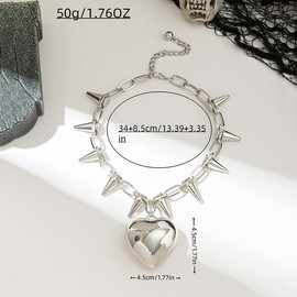 Chunky Puffy Heart Pendant Necklace For Women Men Silver Statement Punk Gothic Spike Rivet Chain Choker Big Puffed Love Heart Charm Collar Necklaces Streetwear Y2k Trendy Jewelry Accessories Gifts,