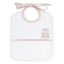 Filet Rectangular Soft Fabric Bib with White Lozenges Motif with Bear Embroidery and Aida Bag - Grey Beige Colour, One Size 29g