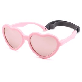 COASION Kids Polarized Sunglasses with Strap - TPEE Rubber Flexible Heart Sunglasses for Toddler Girls Boys Age 2-8 (Rose Pink/Rose Pink Mirror)