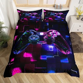 Pink Blue Gamepad Duvet Cover Twin Size,Watercolor Kids Teens Gamer Gaming Home Decor Super Soft Bedding Set,Modern 3D Geometry Video Game Pattern Comforter Cover Bedding 2 Piece (No Comforter)