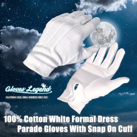 Size Large - 1 Pair (2 Gloves) Gloves Legend 100% Cotton White Marching Band Parade Formal Attire Costume Gloves With Snap On Cuff