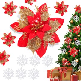 EJunee 12 Pcs Christmas Glitter Poinsettia Flower, Artificial Christmas Tree Flower with 6Pcs Glitter Snowflake Ornaments Decoration for Xmas Tree Wedding Party Wreath Decoration (Red)