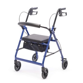 Foldable Lightweight Rollator Walker with Seat - Blue Steel Frame Rollator with Adjustable Height, Padded Seat, and 6 Inch Wheels - Knock Down for Easy Transport