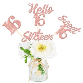 12 PCS 16th Birthday Centerpiece Sticks Double Sided Glitter Hello 16 Sixteen Cheers to 16 Sweet 16 Table Flower Centerpieces Sticks for Happy 16th Birthday Party Decorations Supplies Rose Gold