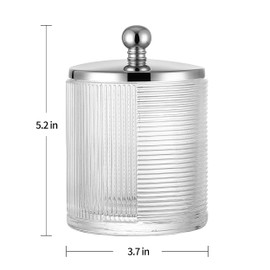 Indecor Home Clear Transparent Apothecary Ribbed Geometric Etched Glass Jar W/Silver/Chrome Metal Lid Cover for Bathroom Organization, Cotton Balls, Q Tips, and Small Accessories, Bathroom Storage