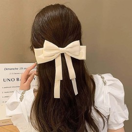 Sttiafay Hair Ribbons for Women Satin Bow Barrettes Large White Bowknot Hair Clip Long Tail Bow Hair Accessories Silky French Hair Ribbon Barrettes for Women Accessories