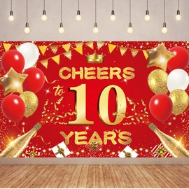 6X3.6FT Red Gold Cheers 10TH Years Backdrop Banner Happy 10th Birthday Background Decorations for Women Men Her Him Anniversary Photography Party Supplies. (R-Cheers 10)