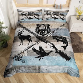 Hunt Fish Bedding Set Queen Size,Deer Bird Fish Animal Hunting Theme Duvet Cover Set for Lodge Decor, Rustic Retro Wooden Board Microfiber Comforter Cover with 2 Pillowcases (No Comforter)
