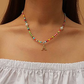 Yeesabella 2 PCS Easter Gifts for Girls - Beaded Initial Necklaces Boho 3MM Beads Choker Necklace for Women Girls
