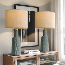 PORTRES 26.5" Ceramic Table Lamps for Bedroom Living Room Vintage Lamp Set of 2 Bedside Nightstand Lamp Large Farmhouse Rustic Boho Retro Modern Table Lamp Light Home Office Desk Deco Gifts, Green