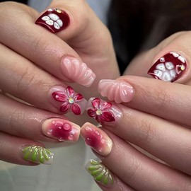 Press on Nails Medium Square MABKJLF 3D Floral Fake Nails False Nails with Water Drop Flower Rhinestones Designs Full Cover Glossy Glue on Nail Acrylic Nail for Women Girls 24Pcs