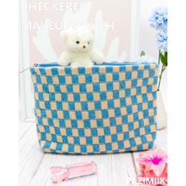 PAZIMIIK Knitted Checkered Makeup Bag Large Zipper Make Up Accessory Pouch for Purse Cosmetic Brush Bag for Travel Essential Blue Beige