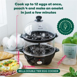 BELLA Double Tier Egg Cooker, Boiler, Rapid Maker & Poacher, Meal Prep for Week, Family Sized Meals: Up To 12 Large Boiled Eggs, Dishwasher Safe, Poaching and Omelet Trays Included, One, Black
