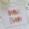 Pink Powder Gold Stone Handmade Nail Tips - Long Oval