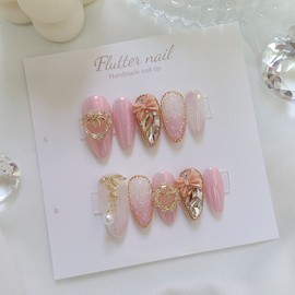 Pink Powder Gold Stone Handmade Nail Tips - Long Oval / 핑크파우더 골드스톤 수제네일팁 - 롱오발