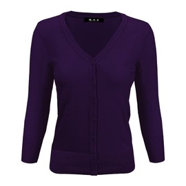 YEMAK Women's Knit Cardigan Sweater – 3/4 Sleeve V-Neck Basic Classic Casual Button Down Soft Lightweight Knitted Top CO078-GRP-M Grape