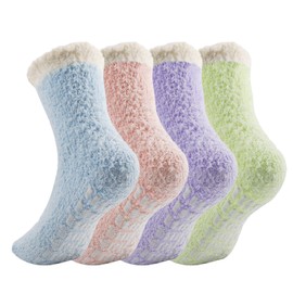 Viiotu 4 Pairs Womens Fluffy Socks Soft Cozy Slipper Non-Slip Fuzzy Socks Winter Warm Plush Sleeping Sock (AU, Alpha, One Size, Regular, Regular, Blue+Pink+Purple+Green)