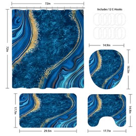 BayNook 4PCS Blue Gold Marble Bathroom Sets with Shower Curtain and Rugs, Abstract Shower Curtain Sets with Rugs for Bathroom, Modern Bathroom Curtains Shower Set with Toilet Lid Cover Accessories