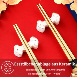 AMOTANG 2 Pairs Stainless Steel Chopsticks with Chinese Forbidden City Design, Includes 2 Ceramic Chopstick Holders, Dishwasher Safe, Non-Slip and Reusable Chopsticks in Black