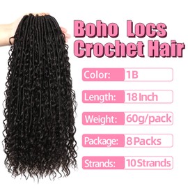 Soft Boho Locs Crochet Hair for Black Women-18 Inch 8 Packs Goddess Faux Locs Crochet Human Hair Feeling Pre Looped with Curly Ends (1B, 18 Inch(Pack of 8))