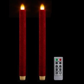 CozierGlow Flameless Taper Candles Flickering with Remote and Timer, 3D Moving Flame Taper Candle Battery Operated to 400 Hours, 9 Inch Window Candles, (Glittter Red)