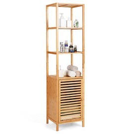 LOKO Tall Bamboo Cabinet, Slim Narrow Floor Storage Cabinet with 3 Tier Shelves & Shutter Door, Freestanding Linen Tower Cabinet for Bathroom, Living Room or Kitchen, 15.5 x 14.5 x 65 inches