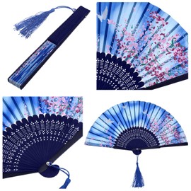 Foldable Bamboo Hand Fans with Tassel for Women Wall Decor Gift (White Cherry, Pink Cherry, Blue Cherry, Purple Cherry) 4 Pcs